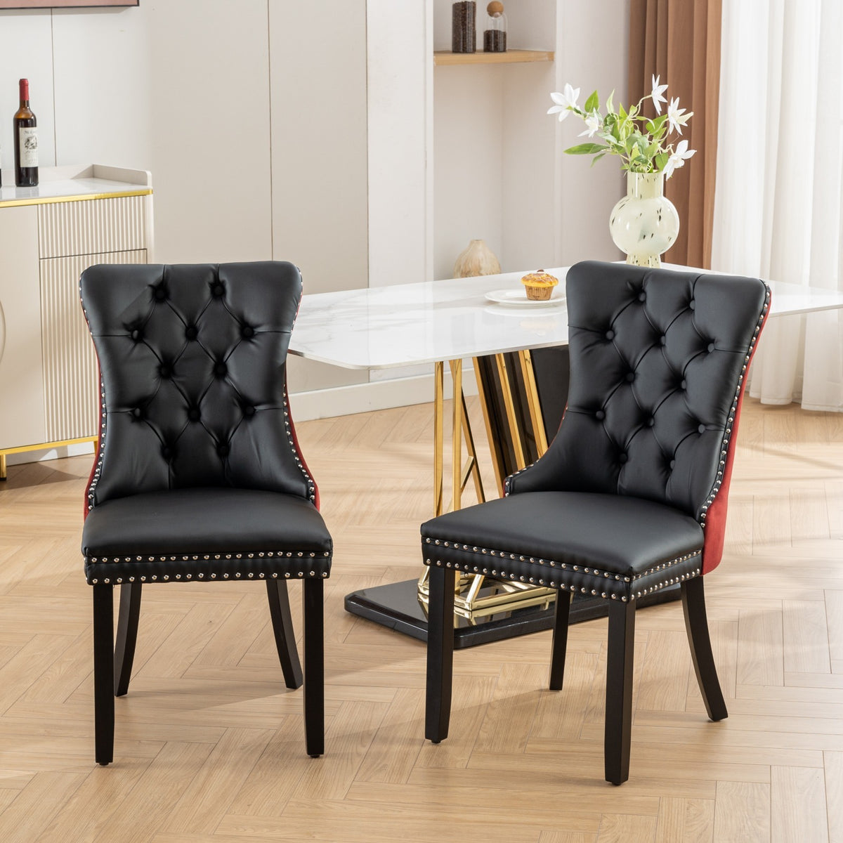HAOYYE Nikki Collection Modern, High-end Tufted Solid Wood Contemporary PU and Velvet Upholstered Dining Chair with Wood Legs Nailhead Trim 2-Pcs Set, Black+WineRed, Burgundy,SW2101BW Sturdy