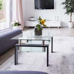 HAOYYE Rectangle Black Glass Coffee Table, Clear Glass Top Modern Side Center Table for Living Room, Stylish and Sturdy Furniture with Space-Saving Design, Heavy Duty, Ideal for Living Room or Dorm Room