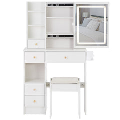 HAOYYE Compact Vanity Table With Left Drawer, Cushioned Stool, Touch-Control Sliding LED Mirror With Tri-Color Switching, Built-In Power Station, Hair Dryer Bracket, Certified By EPA, GCC, And UL