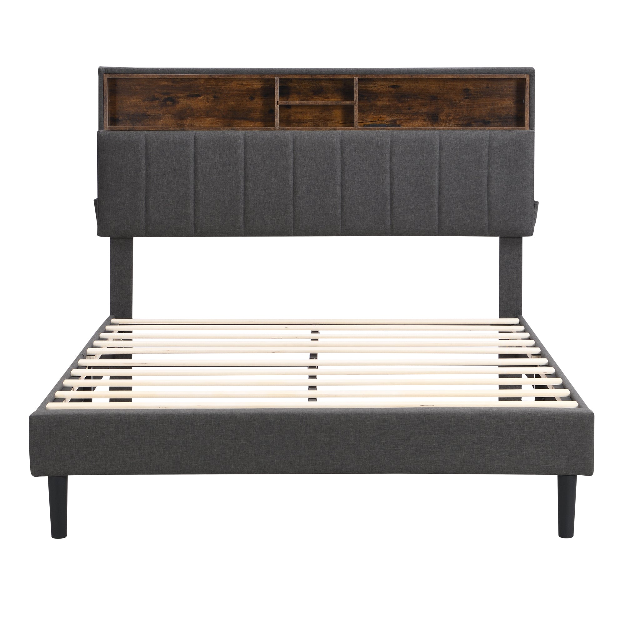 HAOYYE Full size Upholstered Platform Bed with Storage Headboard and USB Port, Linen Fabric Upholstered Bed (Gray) Sturdy Space-Saving Heavy Duty Modern Design Easy Assembly Durable Stylish Home Furniture
