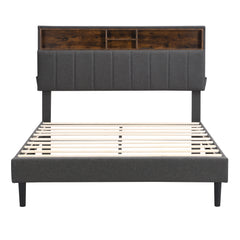 HAOYYE Full size Upholstered Platform Bed with Storage Headboard and USB Port, Linen Fabric Upholstered Bed (Gray) Sturdy Space-Saving Heavy Duty Modern Design Easy Assembly Durable Stylish Home Furniture