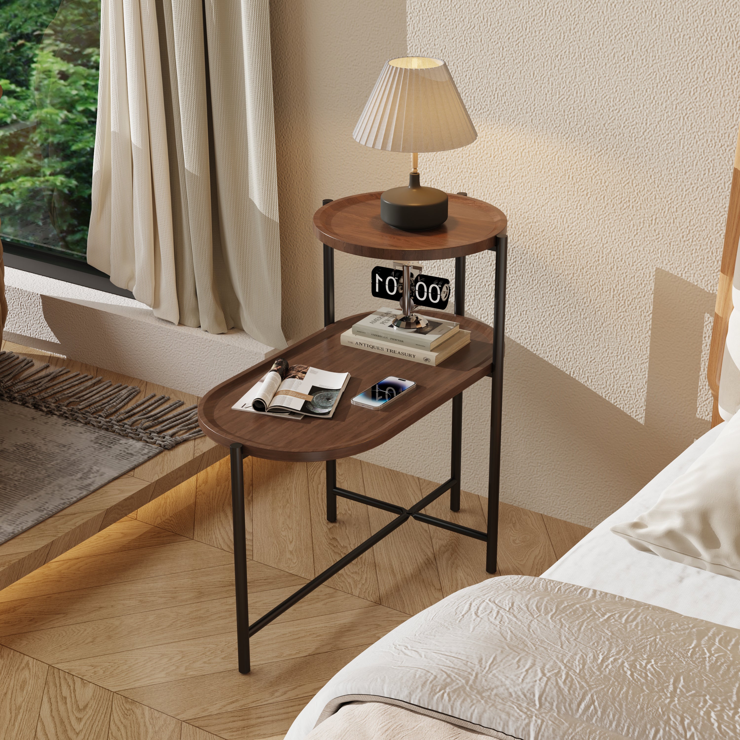 HAOYYE Small Coffee Table 2-Tier Modern Sofa Side Table with Wood Storage Shelf Living Room End Table Nightstand Walnut Brown Sturdy Space-Saving Heavy Duty Modern Design for Adults Dorm Room