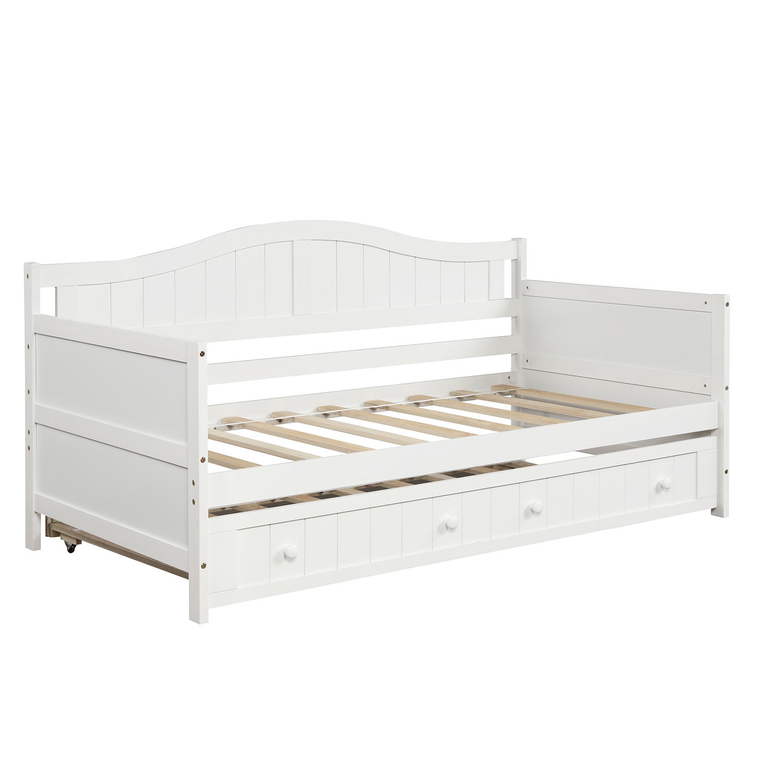HAOYYE Twin Wooden Daybed with Trundle Bed White Durable Sturdy Space-Saving Heavy Duty Modern Design Easy Assembly Stylish Versatile Sofa Bed for Bedroom and Living Room