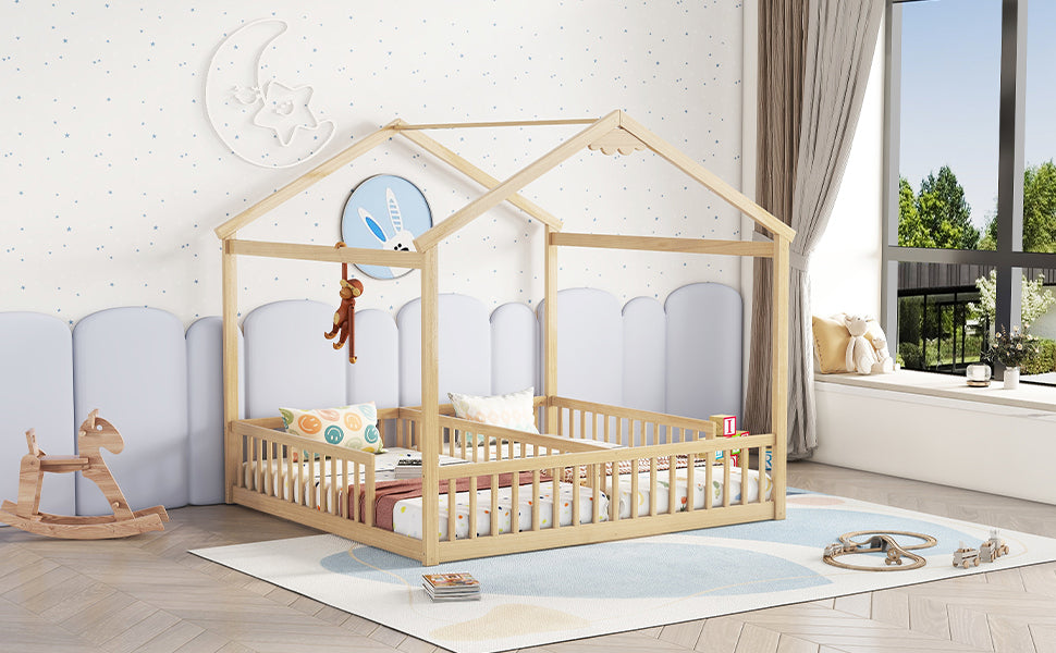 HAOYYE Double Twin House-Style Floor Bed with Fence, Guardrails, without door, Natural Sturdy Space-Saving Heavy Duty Modern Design Adults Dorm Room Easy Assembly Bedroom Furniture