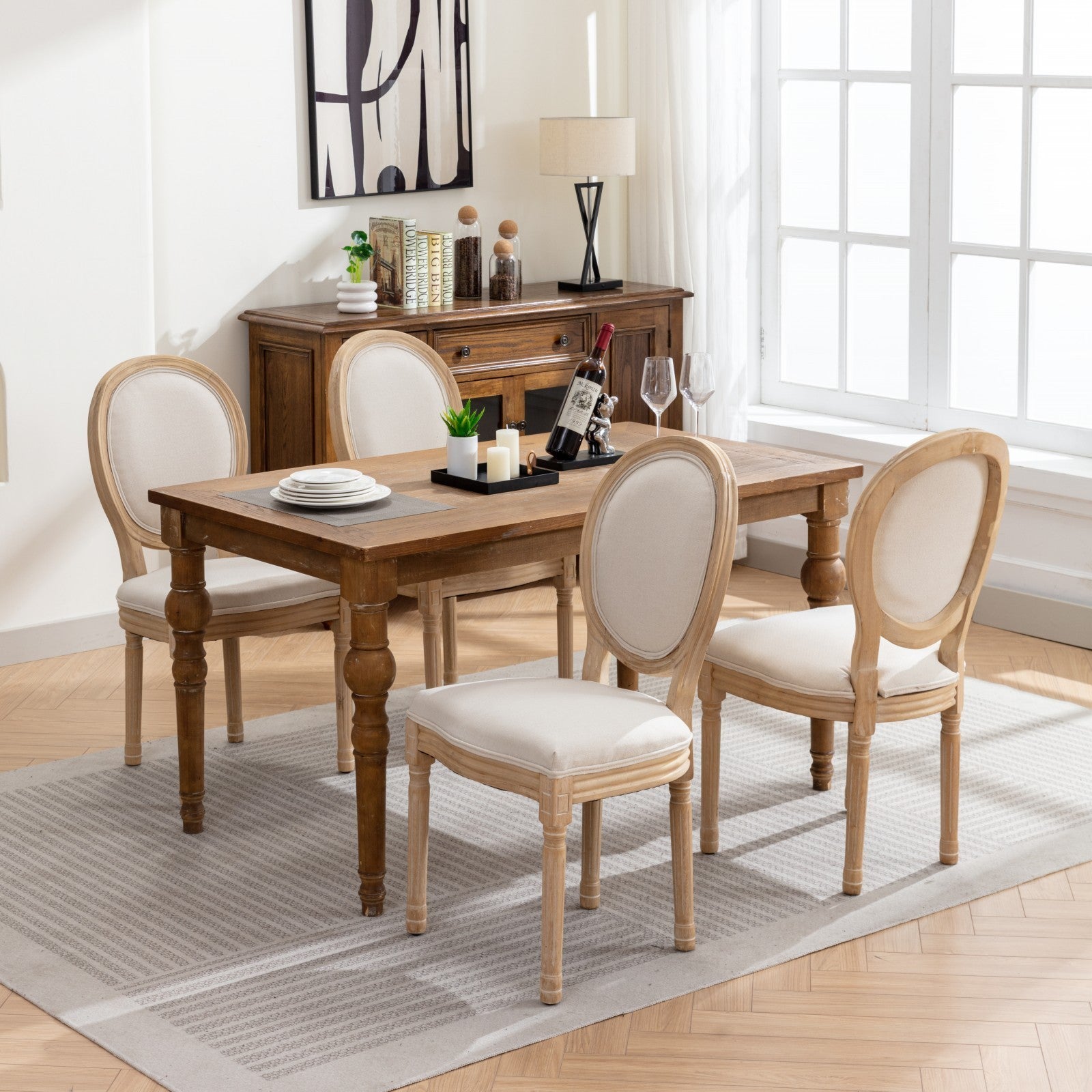 HAOYYE French Style Solid Wood Frame Antique Painting Linen Fabric Back Dining Chair,Set of 2,Beige,SW1845BG Sturdy Space-Saving Heavy Duty Modern Design Adults Dorm Room Easy Assembly