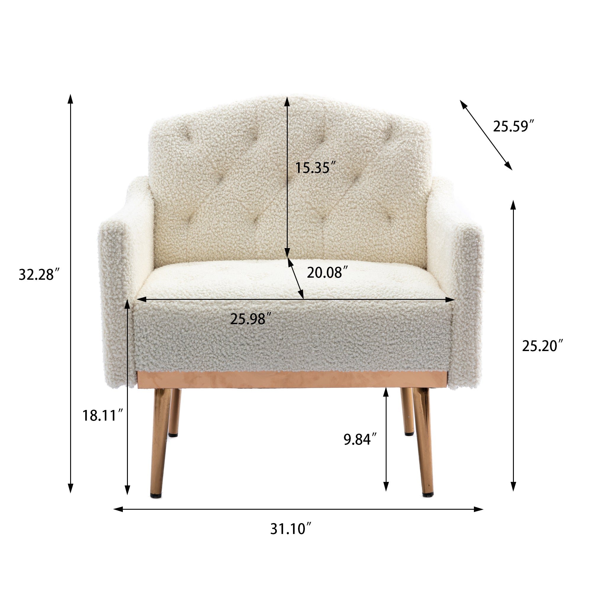 HAOYYE Modern Accent Chair with Arms, Tufted Decorative Fabric Armchair with Gold Metal Legs, Upholstered Reading Chair for Living Room Bedroom Office (White Teddy) Sturdy Space-Saving Heavy Duty