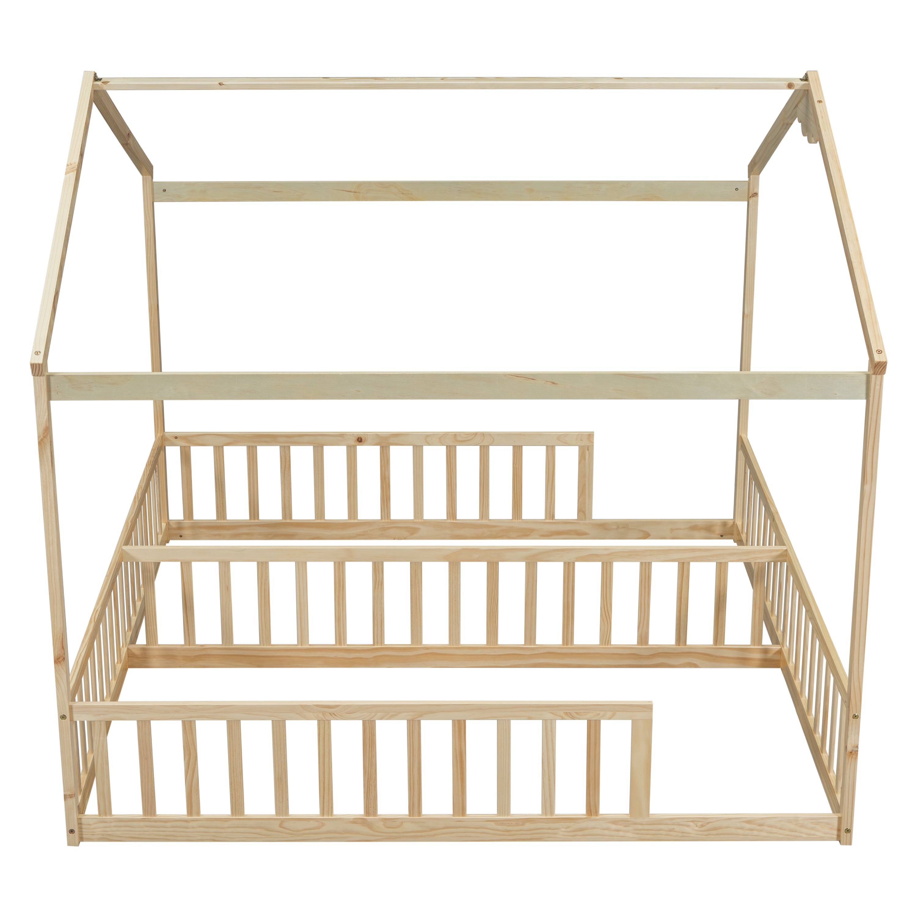 HAOYYE Double Twin House-Style Floor Bed with Fence, Guardrails, without door, Natural Sturdy Space-Saving Heavy Duty Modern Design Adults Dorm Room Easy Assembly Bedroom Furniture