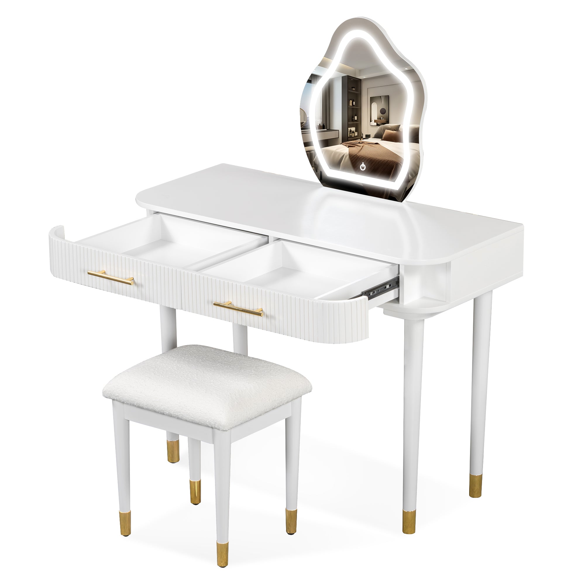 HAOYYE 40" Modern Vanity Table Set with Mirror Touch Screen Lighted Mirror, Dressing Table and Cushioned Stool Set with 2 Large Drawers, White