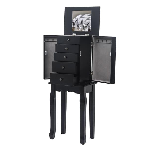 HAOYYE Standing Jewelry Armoire with Mirror, 5 Drawers and 6 Necklace Hooks, Tall Jewelry Cabinet Chest with Top Organizer and 2 Side Swing Doors