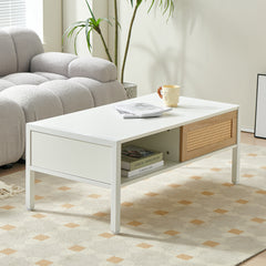 HAOYYE White Rattan Coffee Table With Sliding Door, Metal Legs, Modern Storage Table for Living Room, Sturdy Space-Saving Heavy Duty Design, Easy Assembly