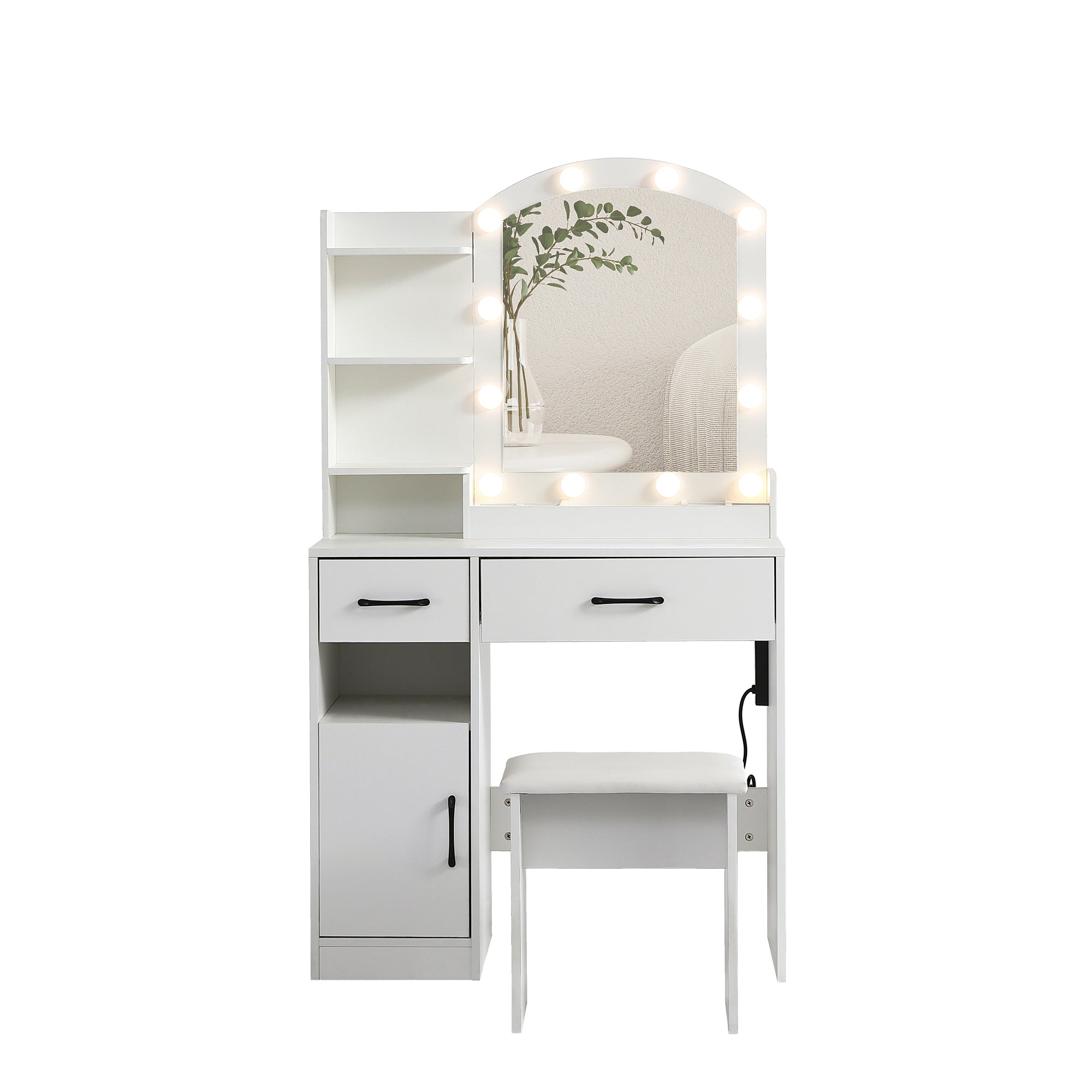HAOYYE Vanity Desk Set with Lighted Mirror, 3-Color Adjustable Brightness, White Dressing Table with 2 Drawers, Storage Cabinet, and Upholstered Stool, Sturdy Space-Saving Design