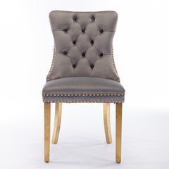 HAOYYE High-end Tufted Solid Wood Contemporary Velvet Upholstered Dining Chair with Golden Stainless Steel Plating Legs,Nailhead Trim,Set of 2,Gray and Gold, SW1601GY Sturdy Durable