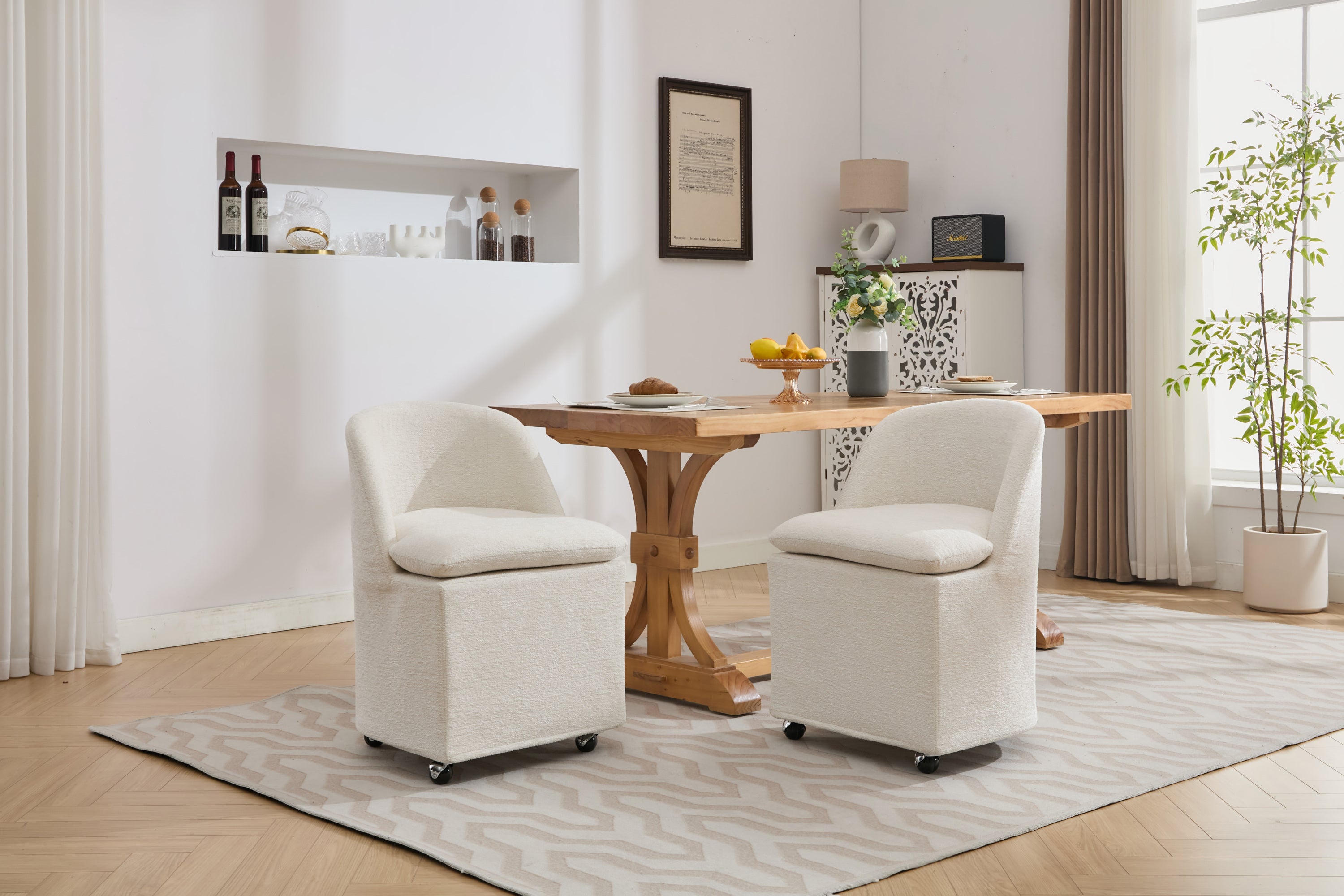 HAOYYE 058-Set of 2 Chenille Fabric Dining Chairs With Universal Wheels,Beige Sturdy Space-Saving Heavy Duty Modern Design Adults Dorm Room Easy Assembly Bedroom Furniture