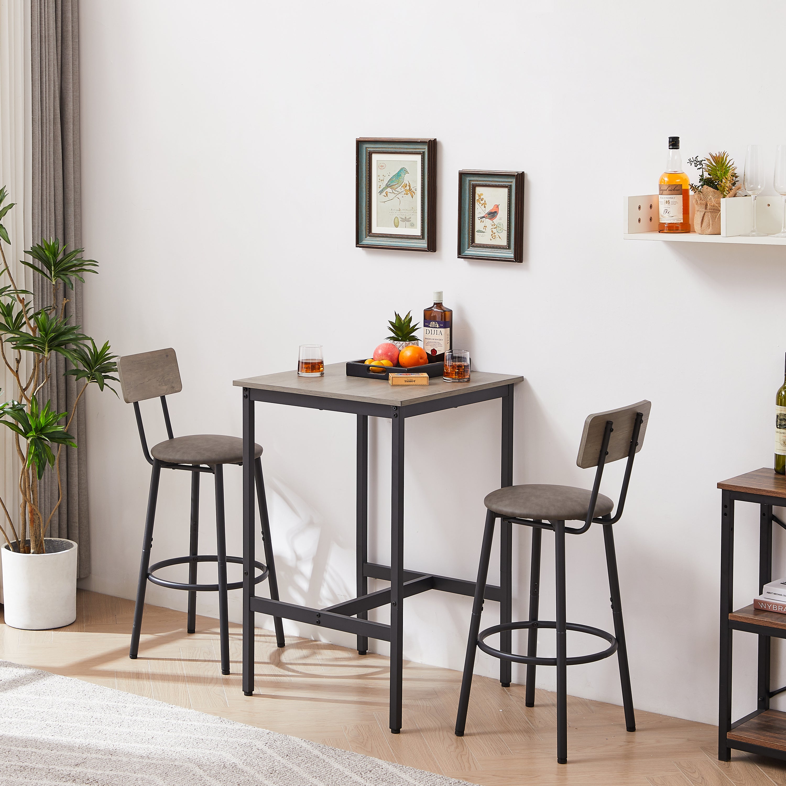 HAOYYE Bar Table Set with 2 Bar Stools, PU Soft Seat with Backrest, Stylish Grey Color, Sturdy Space-Saving Design, Modern Heavy Duty Construction, Easy Assembly, Durable Home Furniture for Kitchen, Dining Room, or Home Bar