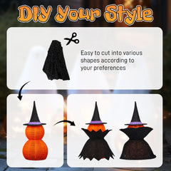 HAOYYE Black Halloween Pumpkin Decorations 2-Pack Collapsible Lighted Jack-O-Lanterns with 176 Warm LED Lights, Metal Frame Pop-Up Pumpkin Lamps with Wizard Capes for Indoor Outdoor Garden Patio Party Decor