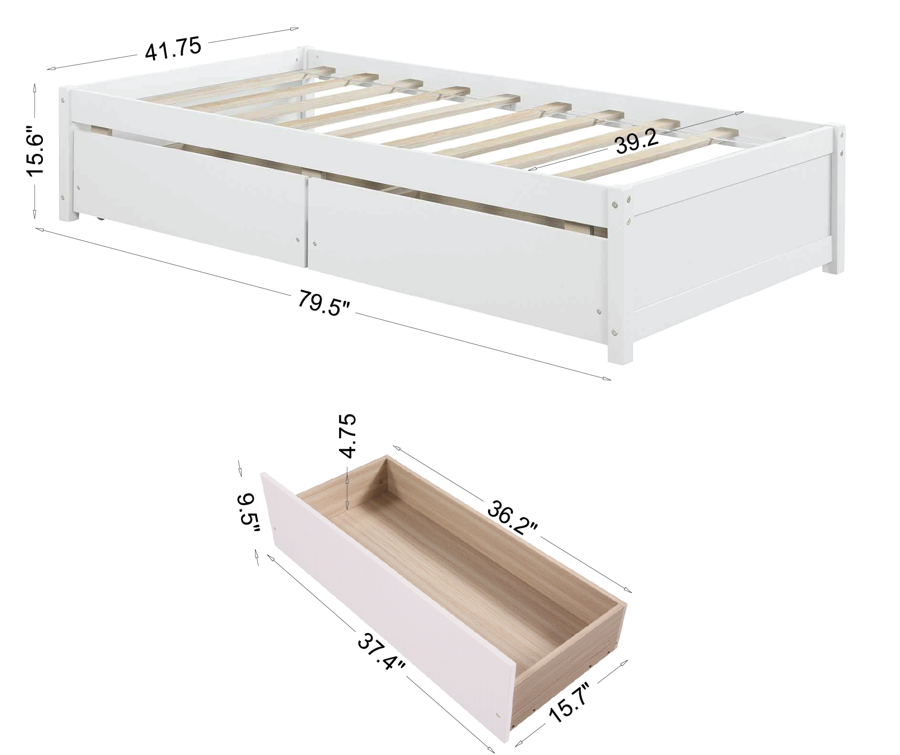 HAOYYE Solid Wood Twin Bed Frame With 2 Storage Drawers, No Box Spring Needed, Space-Saving Heavy Duty Design For Bedroom Or Dorm Room, Sturdy And Easy To Assemble