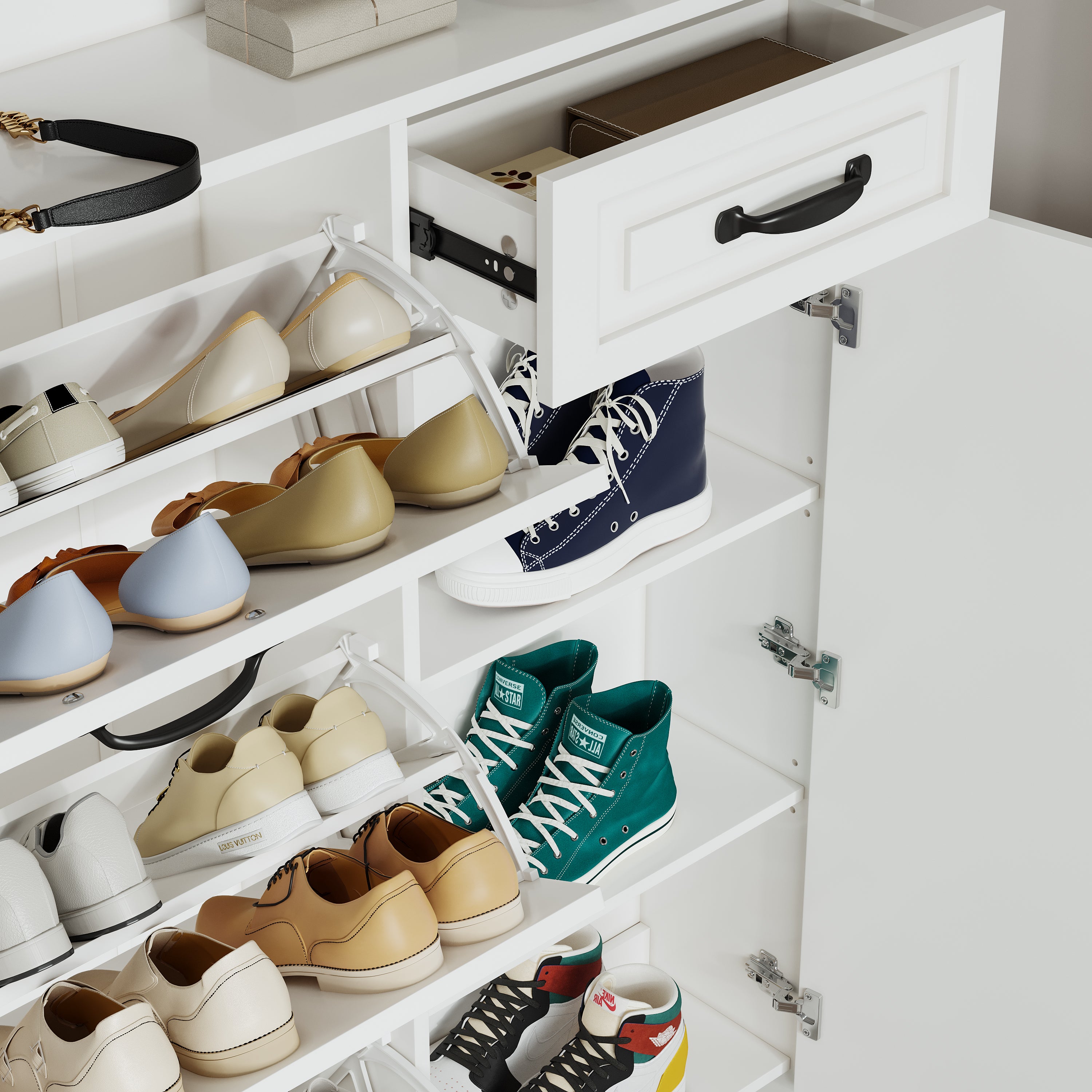 HAOYYE White Shoe Cabinet With 4 Doors And 1 Drawer, Large Storage Capacity, Modern Sturdy Space-Saving Design For Bedrooms And Dorm Rooms, Heavy Duty Construction, Easy To Assemble