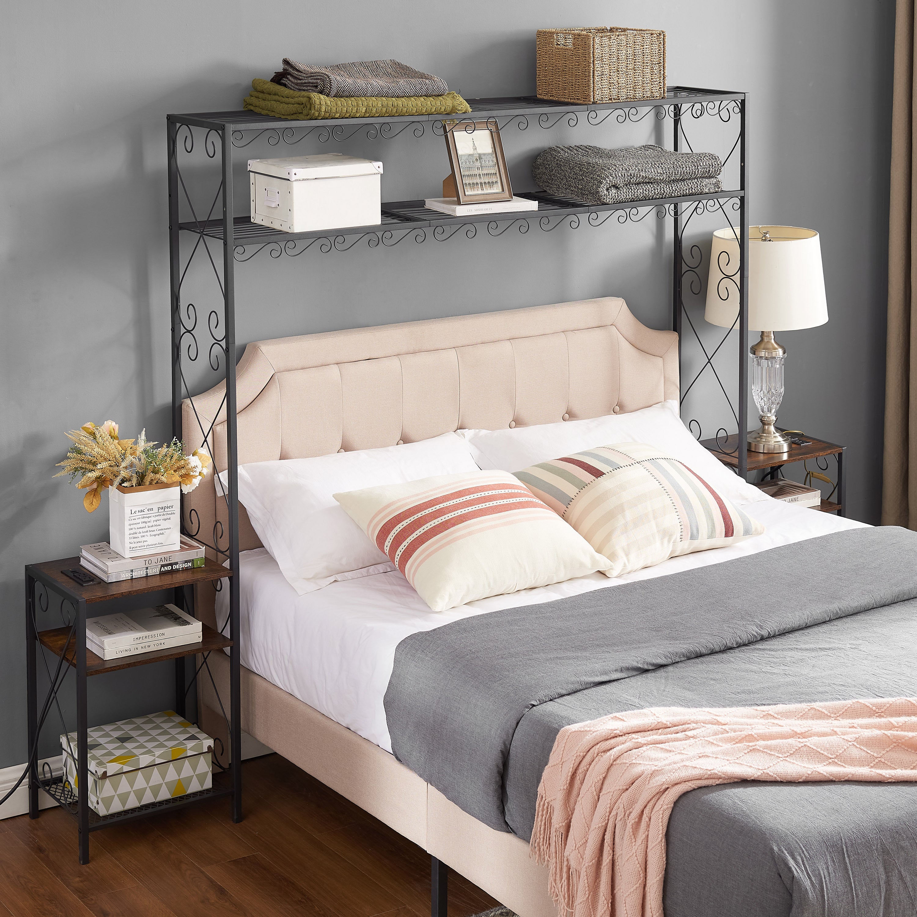 HAOYYE Queen Bed Frame with 2 Nightstands Headboards with Storage Cabinet, Headboard with Shelves, Bookcase Headboard Queen Easy Assembly for Bedroom Iron and Wood Rustic Brown Sturdy Space-Saving Heavy Duty