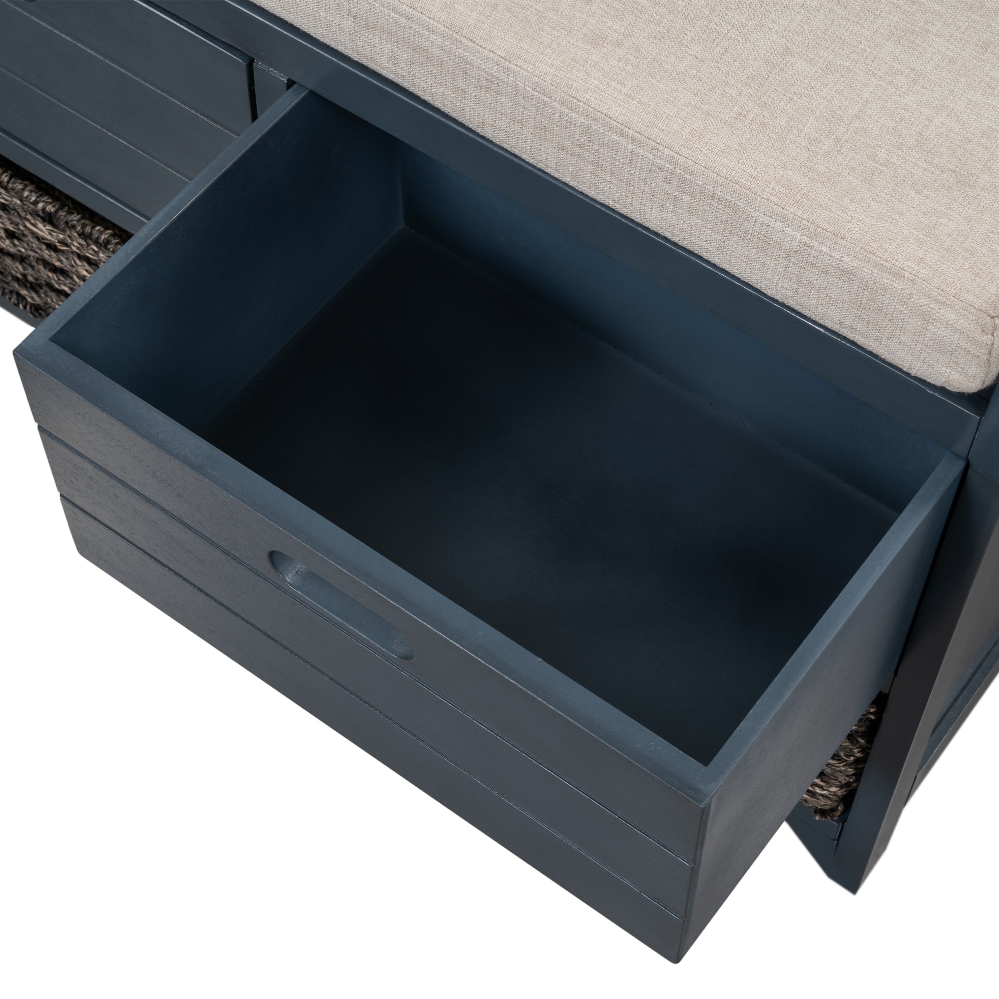 HAOYYE Storage Bench with Removable Basket and Two Drawers, Fully Assembled Shoe Bench with Removable Cushion, Navy, Sturdy Space-Saving Design, Heavy Duty Construction, Easy Assembly, Durable and Stylish Home Furniture
