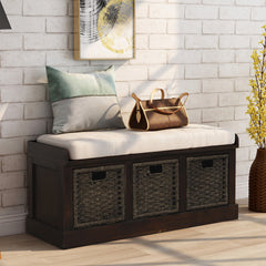 HAOYYE Rustic Storage Bench with 3 Removable Classic Rattan Basket , Entryway Bench with Removable Cushion (Espresso) Sturdy Space-Saving Heavy Duty Modern Design Easy Assembly Durable Stylish