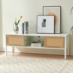 HAOYYE Rattan TV Cabinet with Adjustable Shelf and Variable Color Light Strip, Double Sliding Doors for Storage, Metal Legs, Durable and Space-Saving, Modern TV Console for Living Room, White
