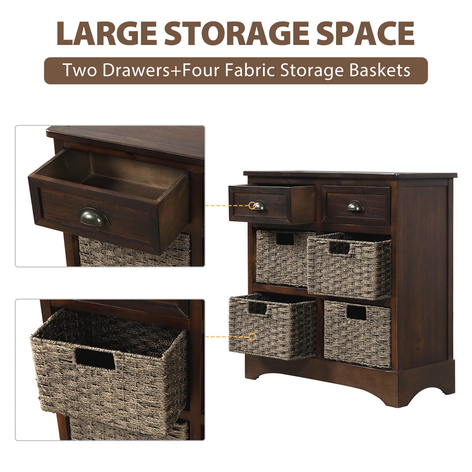 HAOYYE Rustic Storage Cabinet with Two Drawers and Four Classic Rattan Baskets for Dining Room or Living Room, Espresso, Sturdy Space-Saving Design, Heavy Duty Construction, Easy Assembly, Durable and Stylish Home Furniture