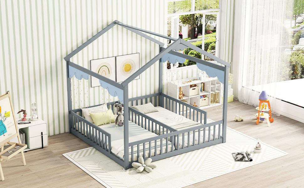 HAOYYE Double Twin House-Style Floor Bed with Fence, Guardrails, without door, Grey Sturdy Space-Saving Heavy Duty Modern Design Adults Dorm Room Easy Assembly Bedroom Furniture