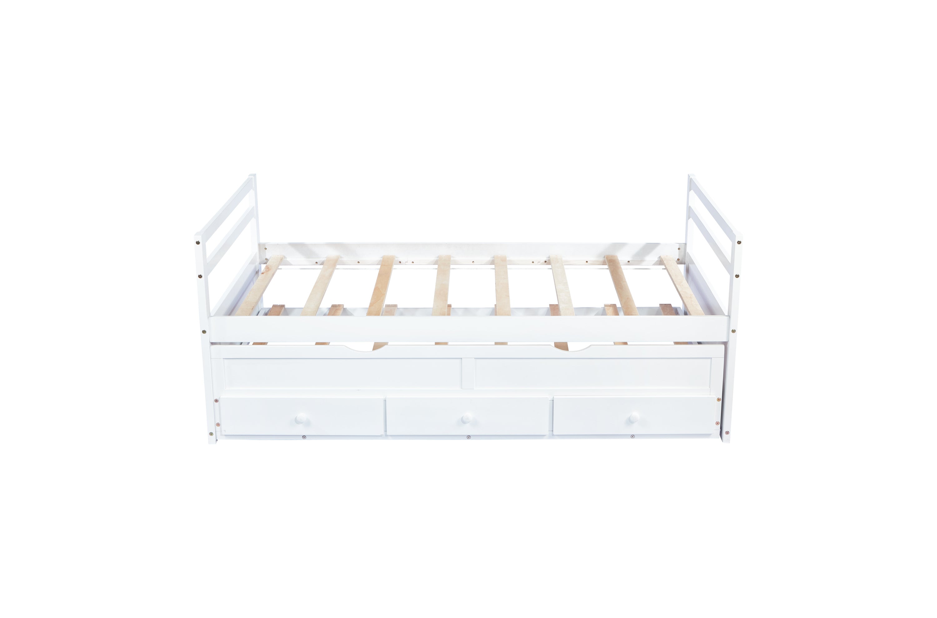 HAOYYE Twin Bed with Headboard, Footboard, Trundle and Storage Drawers, Pine Wood Twin Size Bed, White, Sturdy Space-Saving Heavy Duty Construction, Ideal for Adults and Dorm Rooms