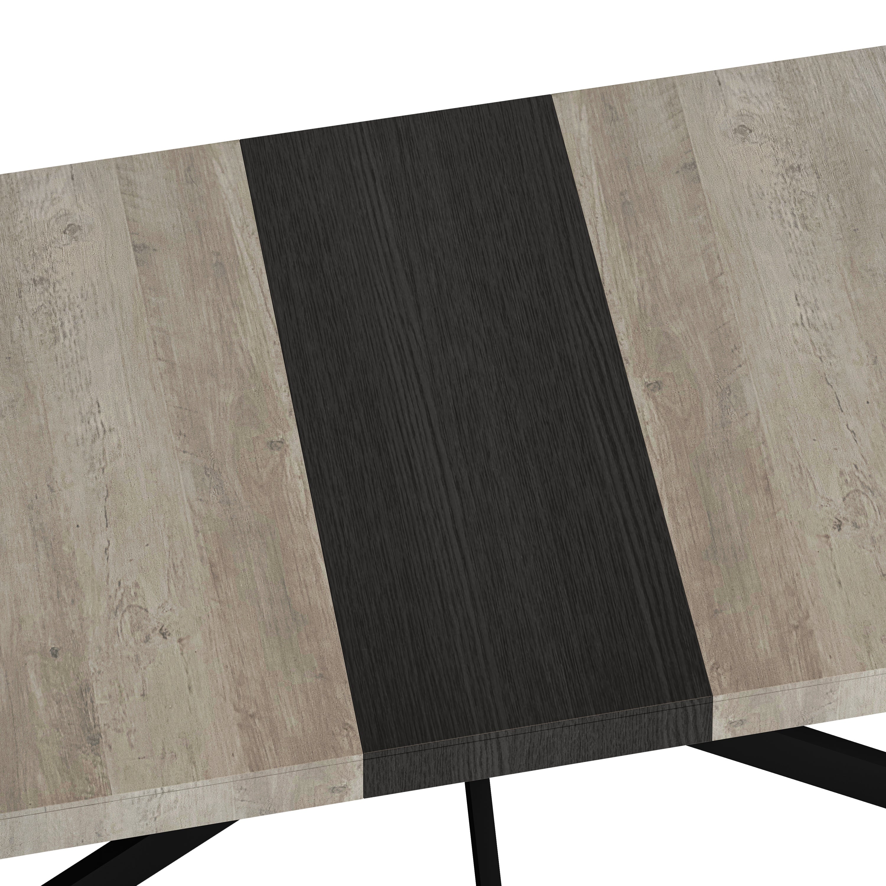 HAOYYE Retro Rectangular Extendable Dining Table, Gray Carole Top with Black Embossed Center Plate, Sturdy Black Cross Iron Base, Modern Dining Table with Built-in Storage Box, Space-Saving Design for Dining Room, Kitchen, and Apartment, Easy Assembly