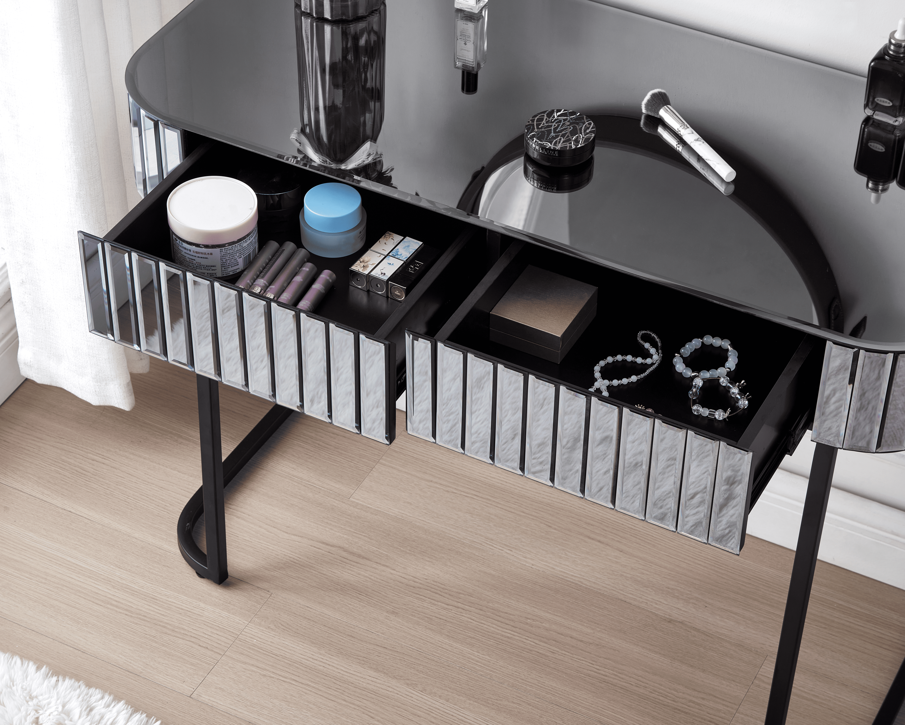 HAOYYE 39" Mirrored Makeup Vanity Table with Stainless Steel Base, Mirrored Console Dressing Table with 2 Drawers,Versatile Desk for Bedroom and Office, Gray