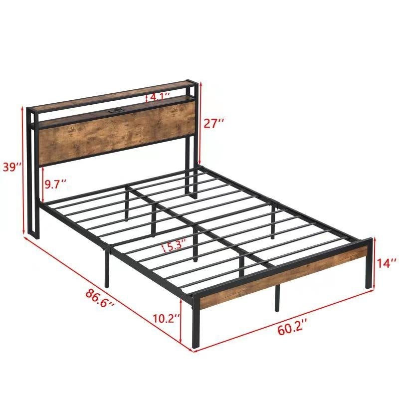 HAOYYE Queen Size Metal Platform Bed Frame with Wooden Headboard and Footboard with USB LINER,LED Lights, No Box Spring Needed, Large Under Bed Storage, Easy Assemble Sturdy Space-Saving Heavy Duty