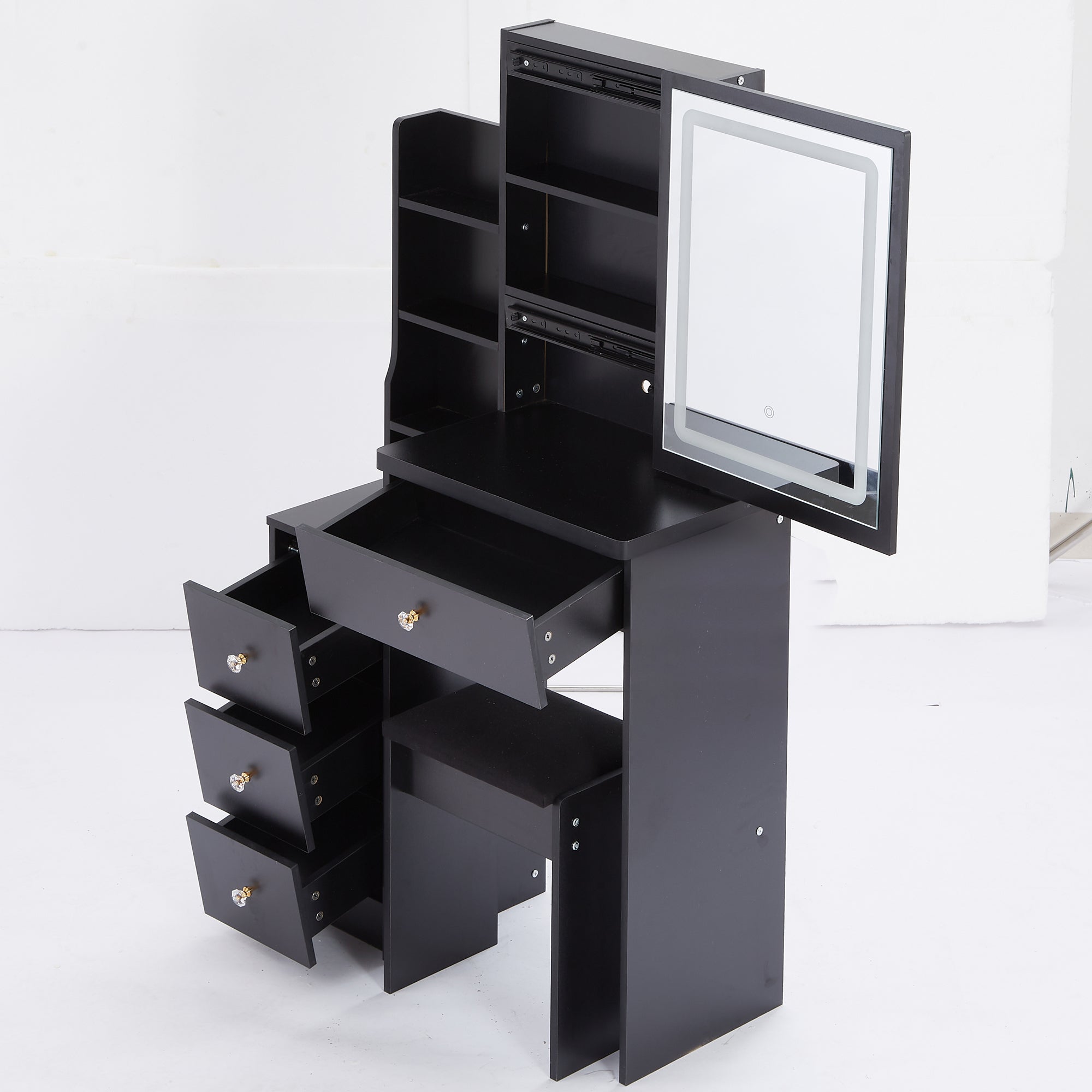 HAOYYE Small Size Left Bedside Cabinet Vanity Table + Cushioned Stool, Touch Control Sliding LED Mirror, Tri-color Switching, Brightness Adjust, Multi Layer, Suitable for Small Space, EPA,GCC,UL Certificate