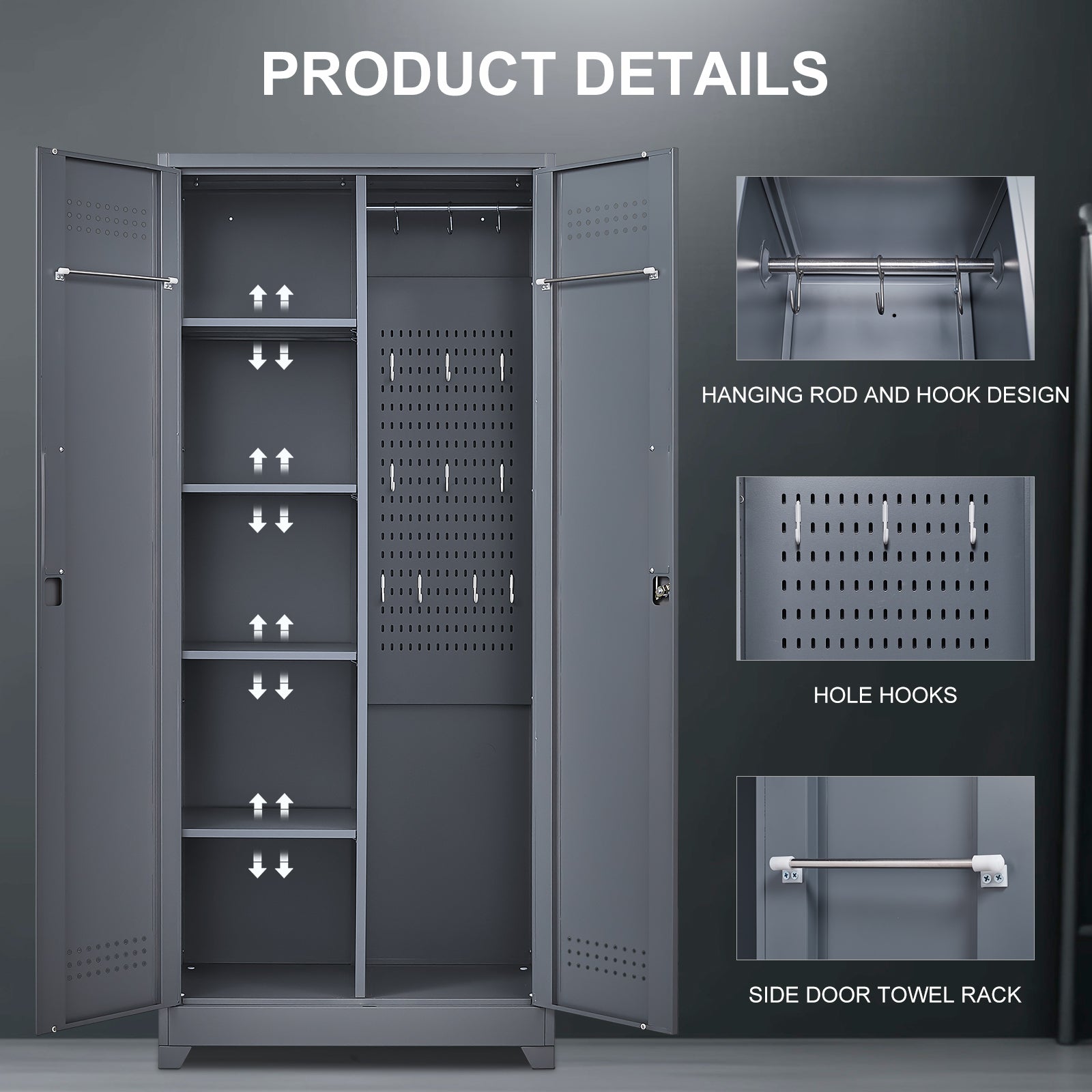 HAOYYE Metal Storage Cabinets, Cleaning Tool Cabinet with Locking Door, Tall Broom Tool Organizer and Storage, Large Storage Cabinet for Kitchen, Pantry, Office, Shop Sturdy Space-Saving Heavy Duty Durable