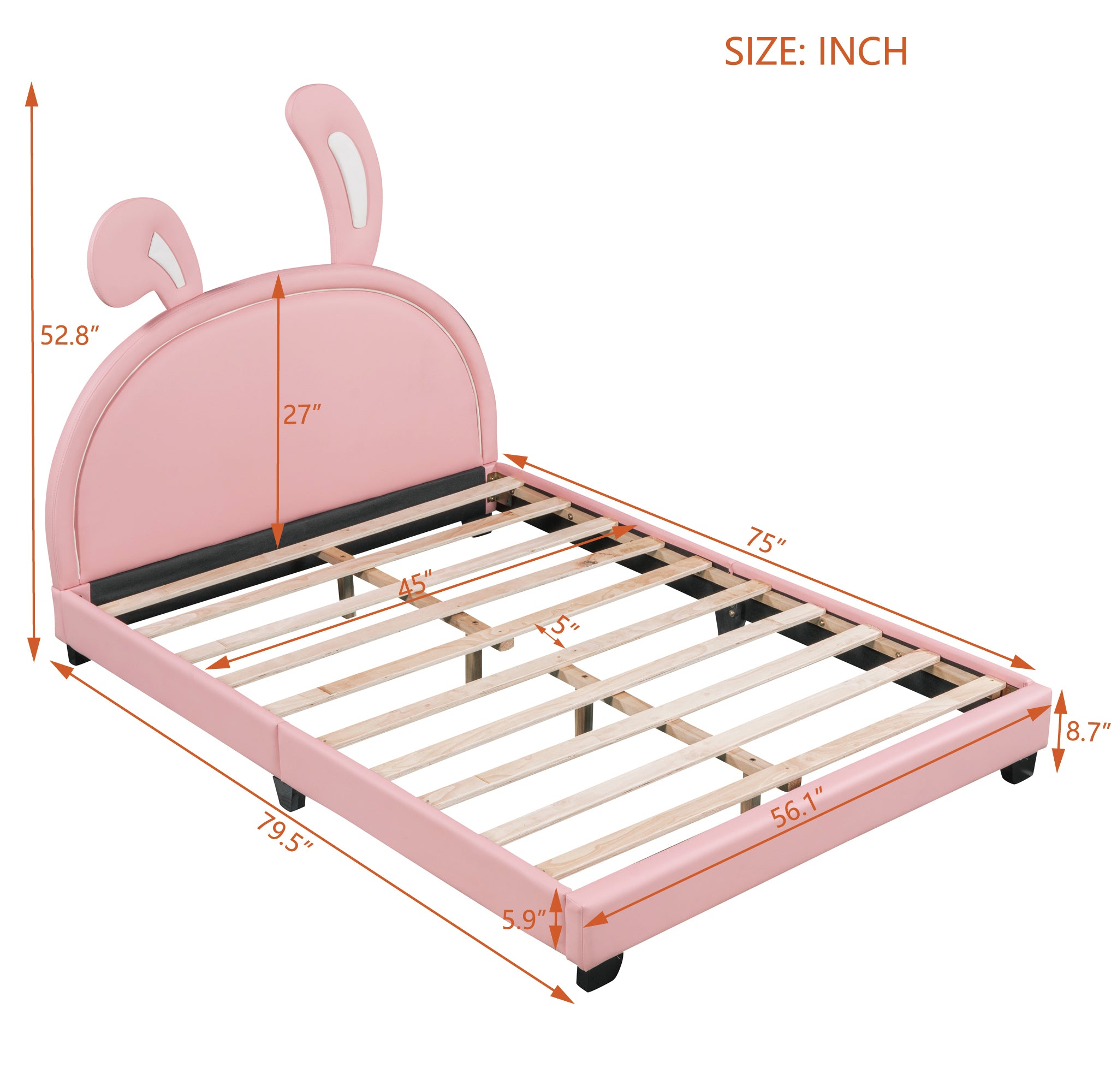 HAOYYE Full Size Upholstered Leather Platform Bed with Rabbit Ornament, Pink Sturdy Space-Saving Heavy Duty Modern Design Adults Dorm Room Easy Assembly Bedroom Furniture