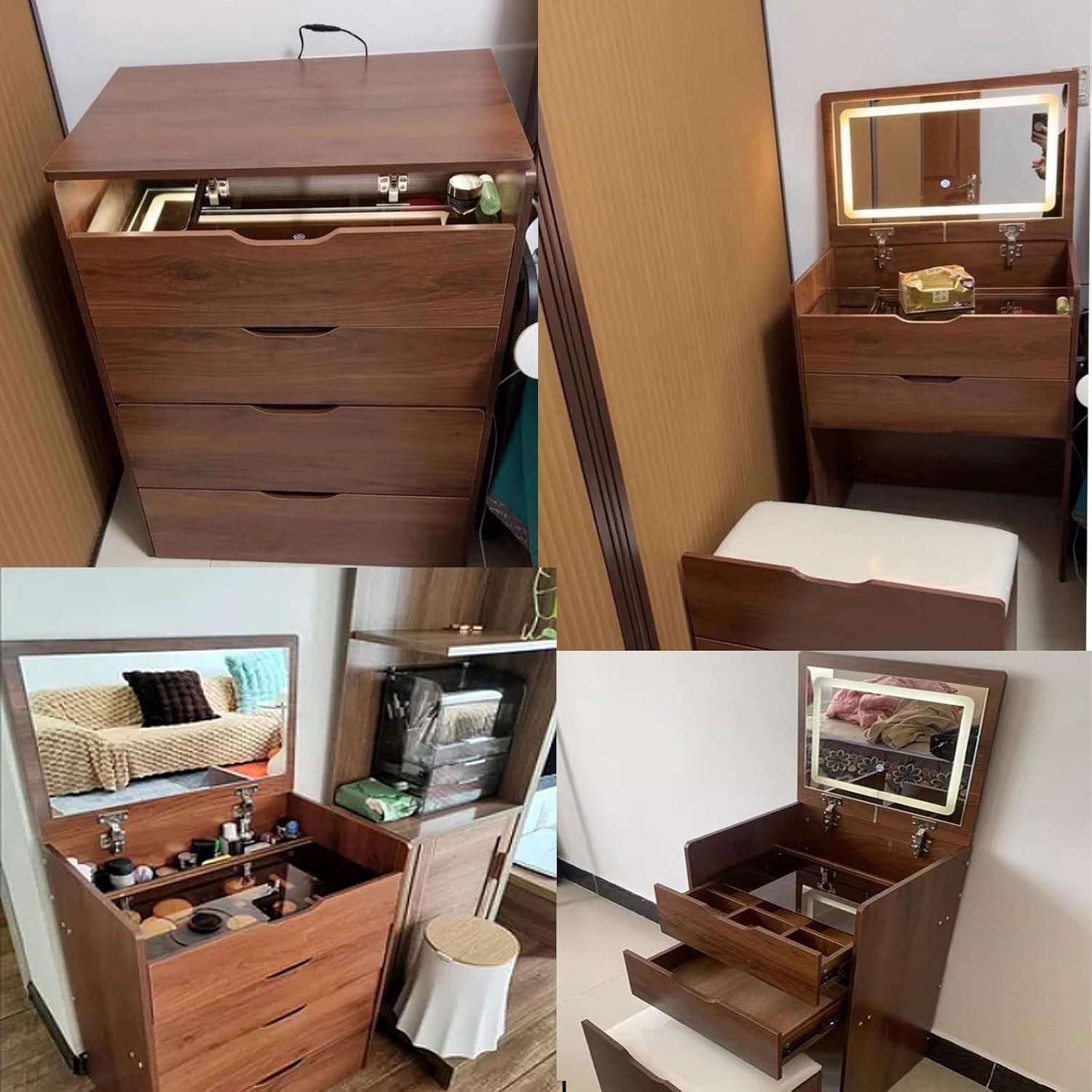 HAOYYE  3 in 1 Vanity Desk with Plip Top Mirror,Small Make Up Vanity Set with Visible Glass Desktop,Compact Makeup Vanity with 3 Drawers,Cushioned Tool,Dressing Table for Bedroom