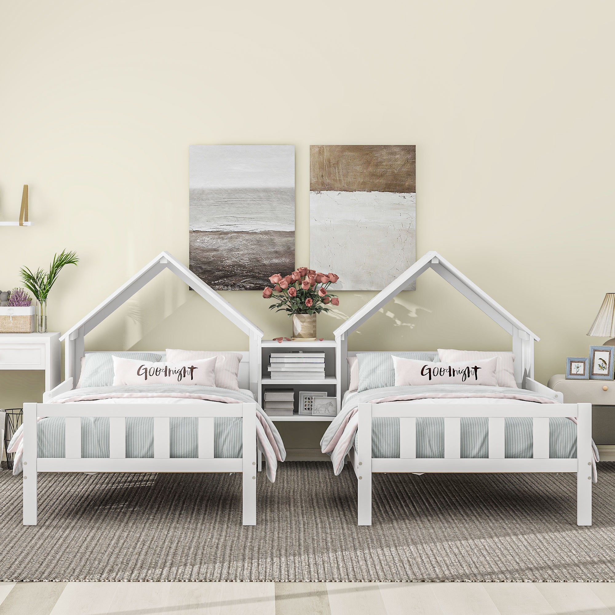 HAOYYE Double Twin Size Platform Bed with House-shaped Headboard and a Built-in Nightstand, White Sturdy Space-Saving Heavy Duty Modern Design Adults Dorm Room Easy Assembly Bedroom Furniture