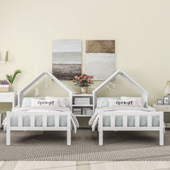HAOYYE Double Twin Size Platform Bed with House-shaped Headboard and a Built-in Nightstand, White Sturdy Space-Saving Heavy Duty Modern Design Adults Dorm Room Easy Assembly Bedroom Furniture