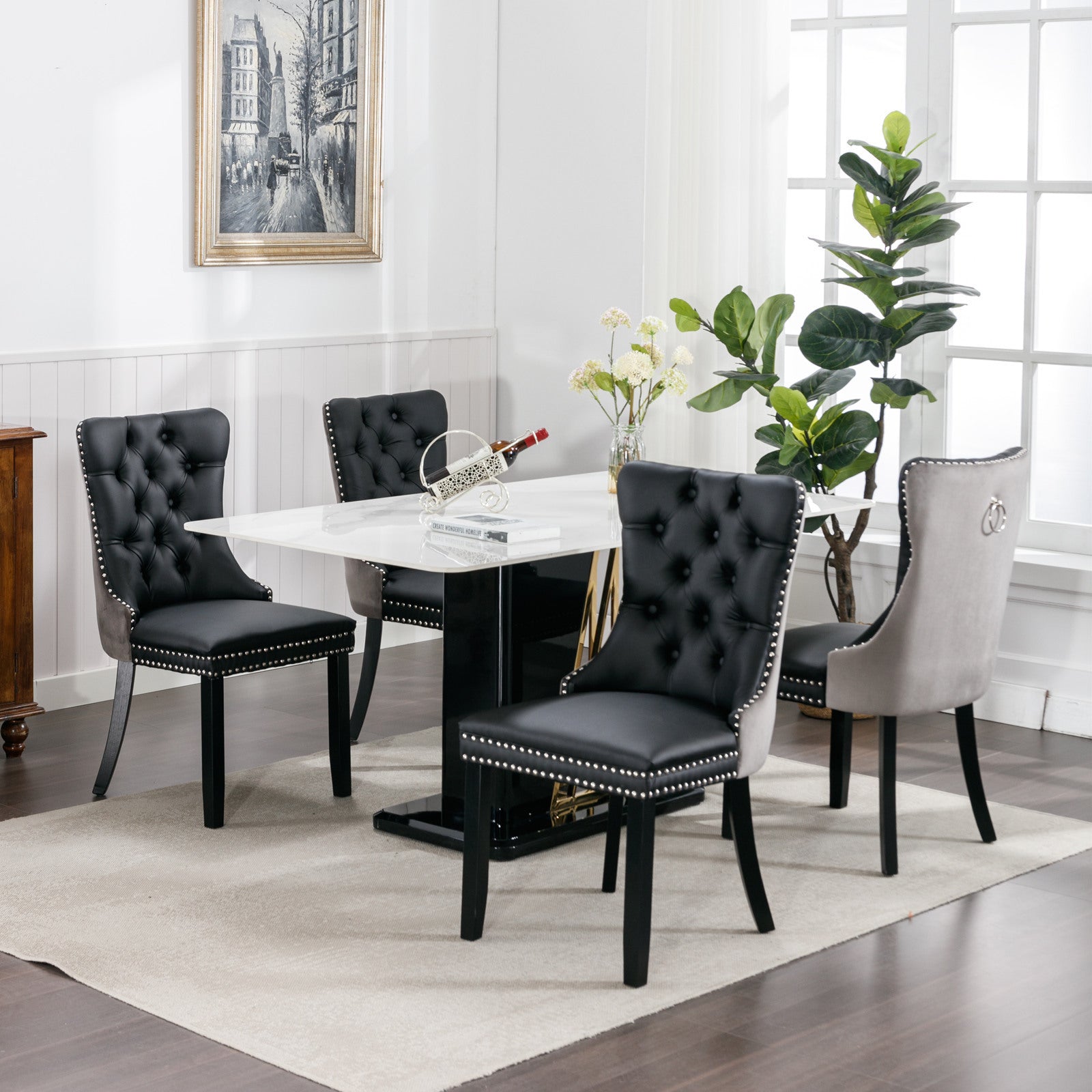 HAOYYE Nikki Collection Modern, High-end Tufted Solid Wood Contemporary PU and Velvet Upholstered Dining Chair with Wood Legs Nailhead Trim 2-Pcs Set lack+Gray, SW2101BG Sturdy Space-Saving
