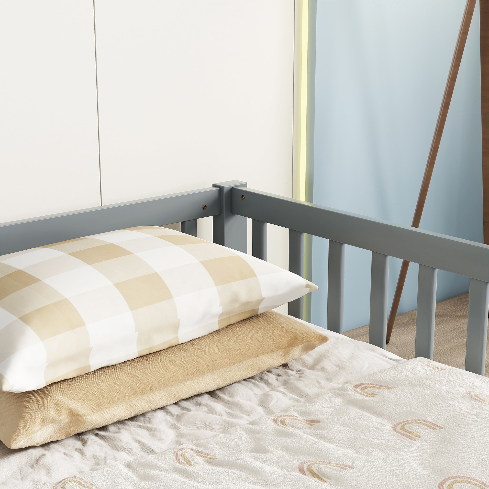 HAOYYE Double Twin Floor Bed with Fence, Guardrails, without door, Grey Sturdy Space-Saving Heavy Duty Modern Design Easy Assembly Durable Stylish Home Furniture Versatile