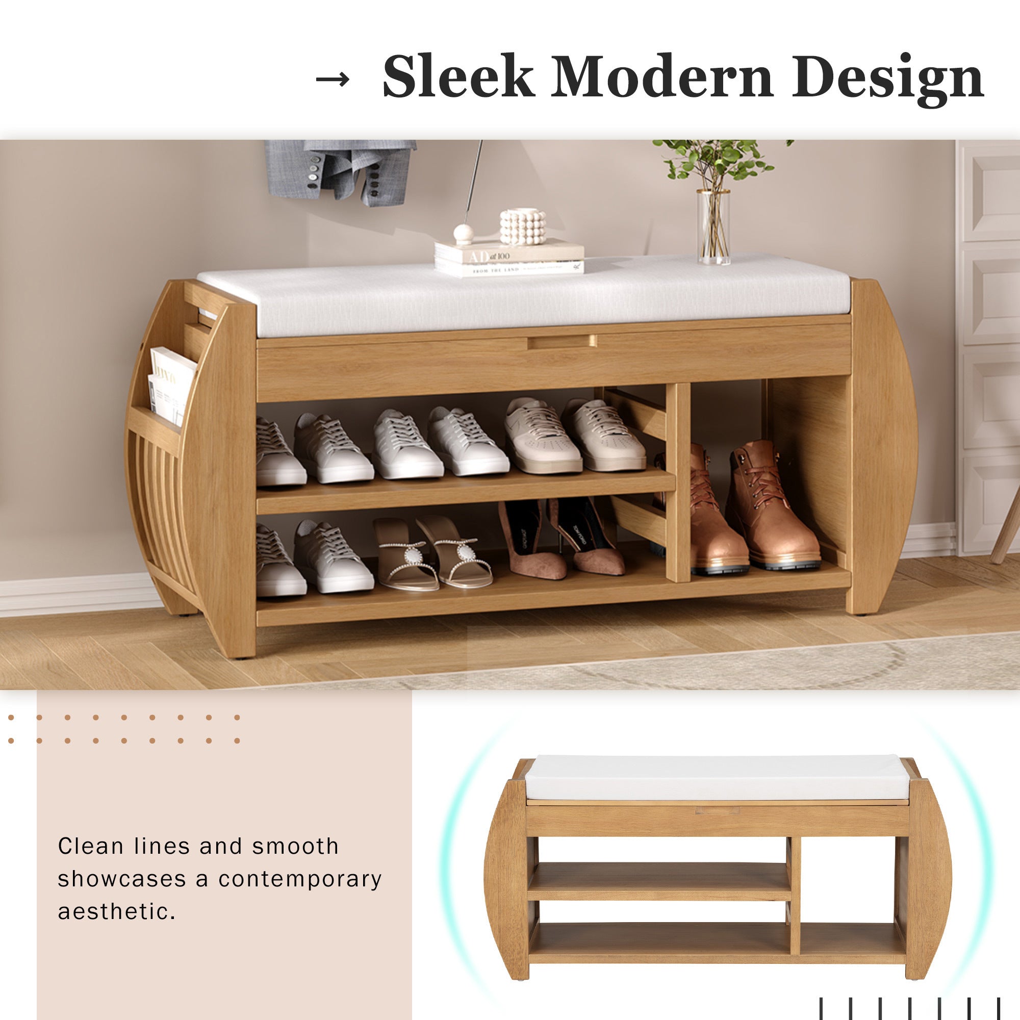 HAOYYE Retro Multifunctional Storage Bench with Cushion and Curved Side Panel for Entrance and Living Room (Natural) Sturdy Space-Saving Heavy Duty Modern Design Easy Assembly Durable Stylish Versatile