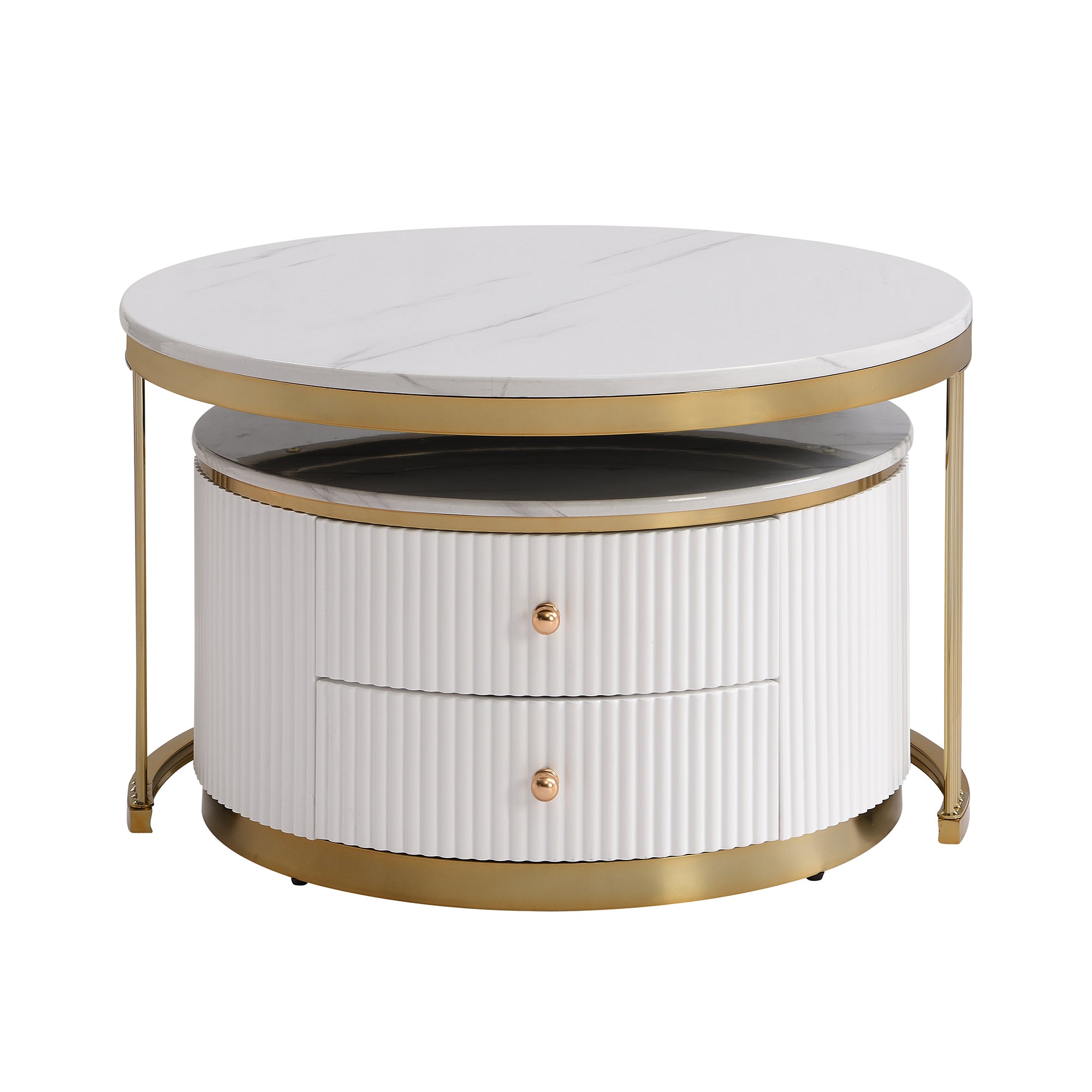 HAOYYE Modern 2-Piece White Round Nesting Coffee Table with Drawers, Sturdy and Space-Saving Design, Heavy Duty Construction, Ideal for Living Room, Bedroom, and Dorm Rooms, Easy Assembly for Adults
