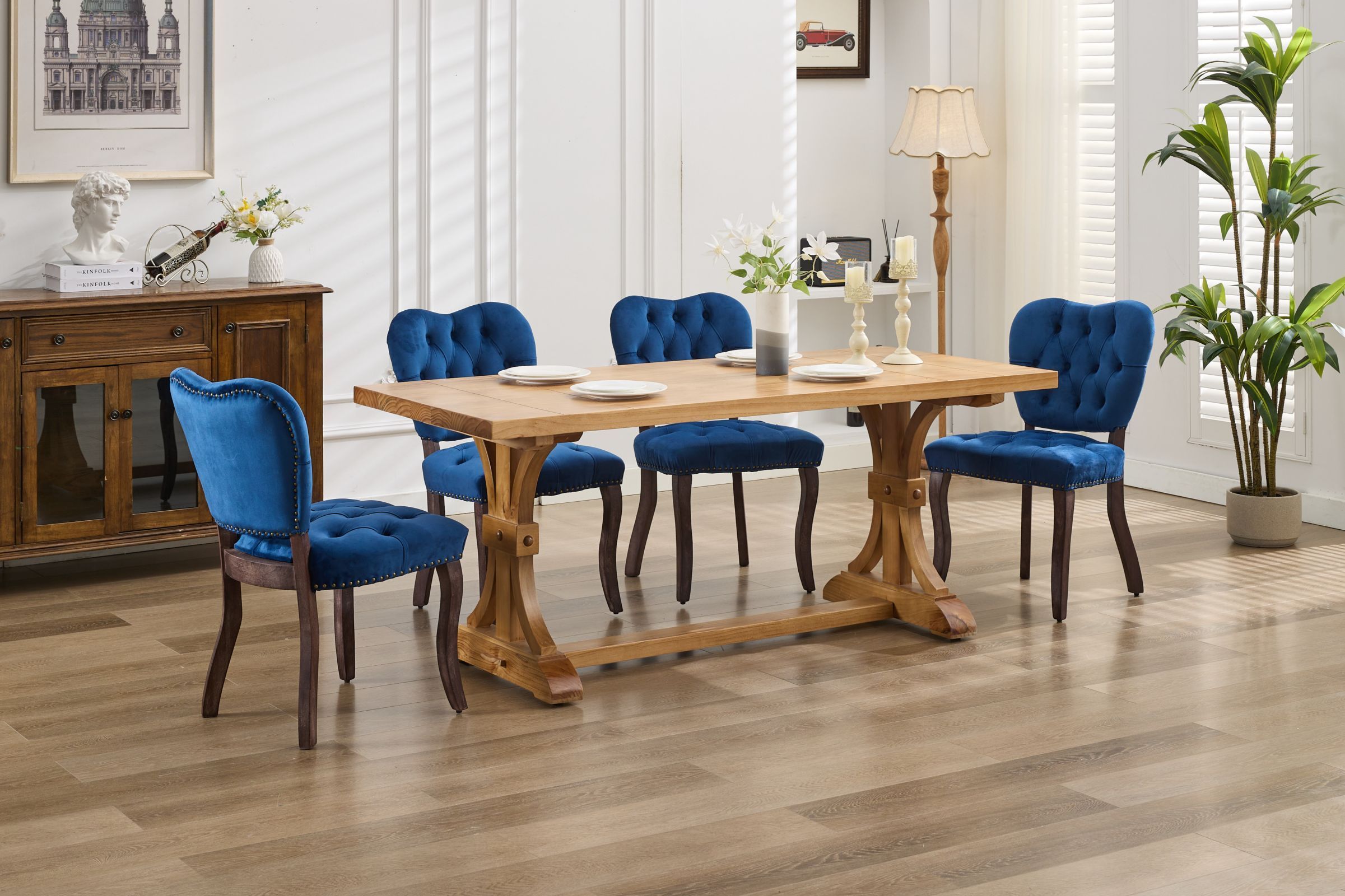 HAOYYE French Vintage Tufted Upholstered Fabric Dining Chair,Set of 2,Blue,SW1869BL Sturdy Space-Saving Heavy Duty Modern Design Easy Assembly Durable Stylish Home Furniture Versatile