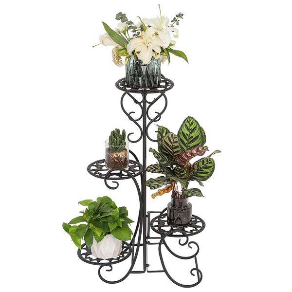 HAOYYE 4-Potted Rounded Flower Metal Shelves Plant Pot Stand, Black Durable Space-Saving Organizer, Stylish Indoor And Outdoor Garden Display Shelf, Premium Quality Decorative Storage Solution, Versatile Use Plant Rack With Modern Design