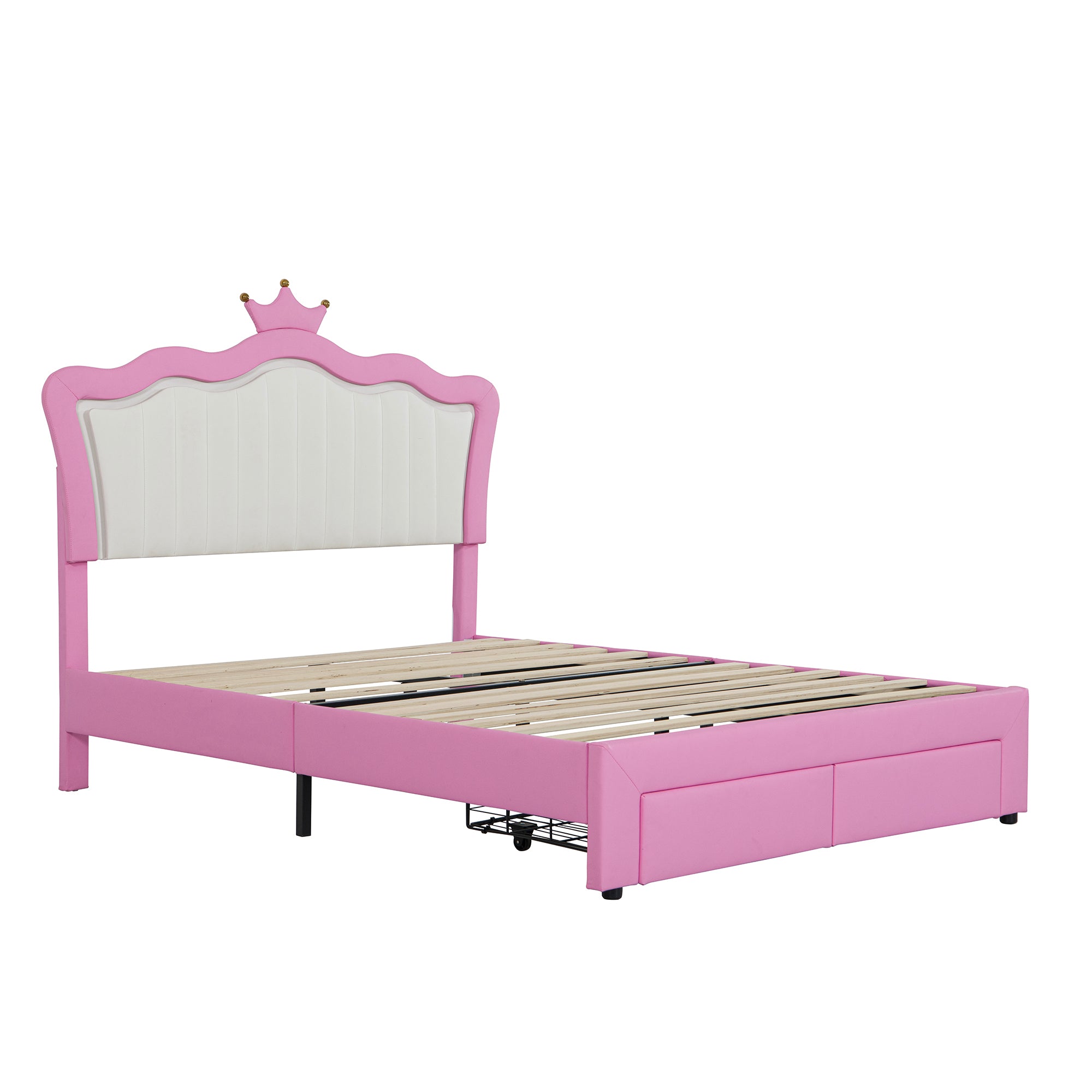 HAOYYE Full Size Upholstered Bed Frame With LED Lights, Modern Princess Bed With Crown Headboard And 2 Drawers, Pink And White, Sturdy Space-Saving Heavy Duty Design For Adults And Dorm Rooms
