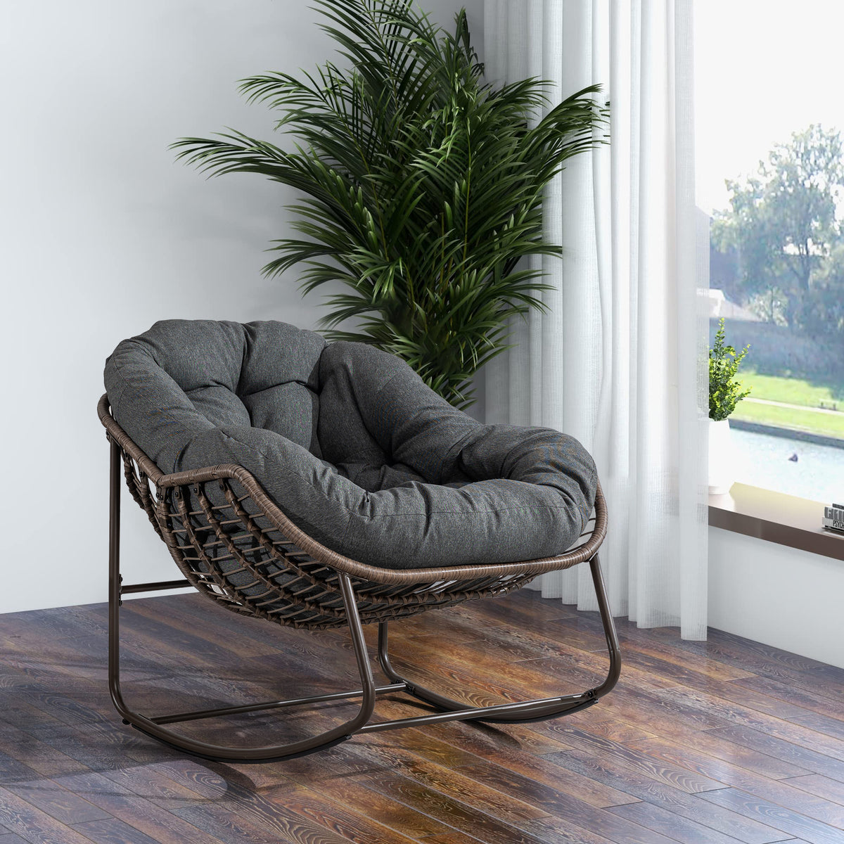 HAOYYE Outdoor Rattan Rocking Chair,Padded Cushion Rocker Recliner Chair Outdoor for Front Porch, Living Room, Patio, Garden, Grey Sturdy Space-Saving Heavy Duty Modern Design Adults Dorm Room