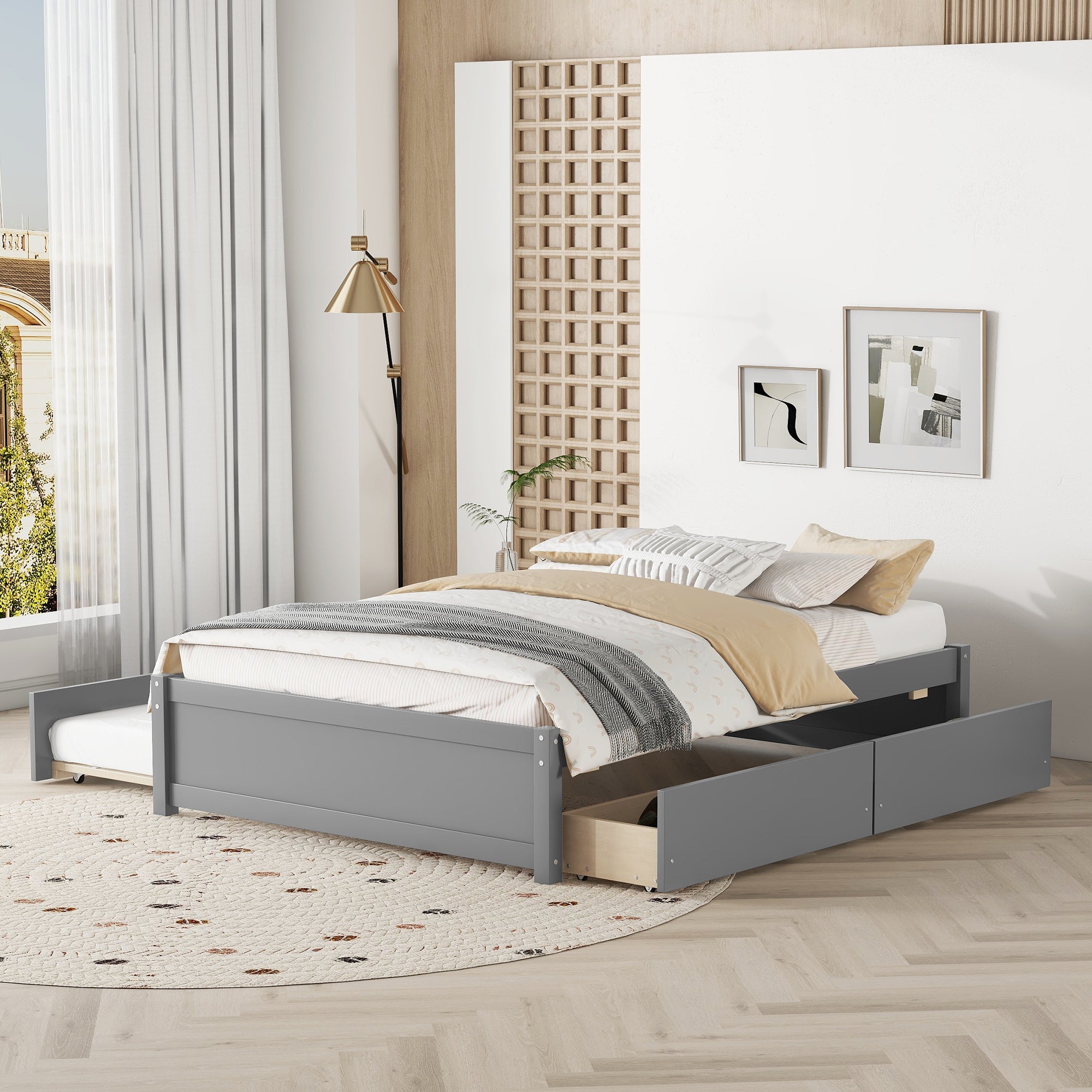 HAOYYE Full Bed With Twin Trundle And Storage Drawers, Grey Wood Platform Bed Frame, Space-Saving Heavy Duty Design, Modern Style For Bedroom Or Dorm Room, Easy Assembly
