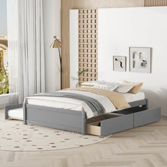 HAOYYE Full Bed With Twin Trundle And Storage Drawers, Grey Wood Platform Bed Frame, Space-Saving Heavy Duty Design, Modern Style For Bedroom Or Dorm Room, Easy Assembly