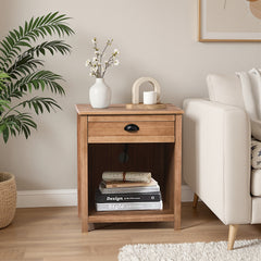 HAOYYE Mid Century Modern Nightstand with Drawer and Open Shelf, Oak Color Bedside Table Made of P2 Board and Real Wood Veneer, Retro Accent End Table for Bedroom or Living Room