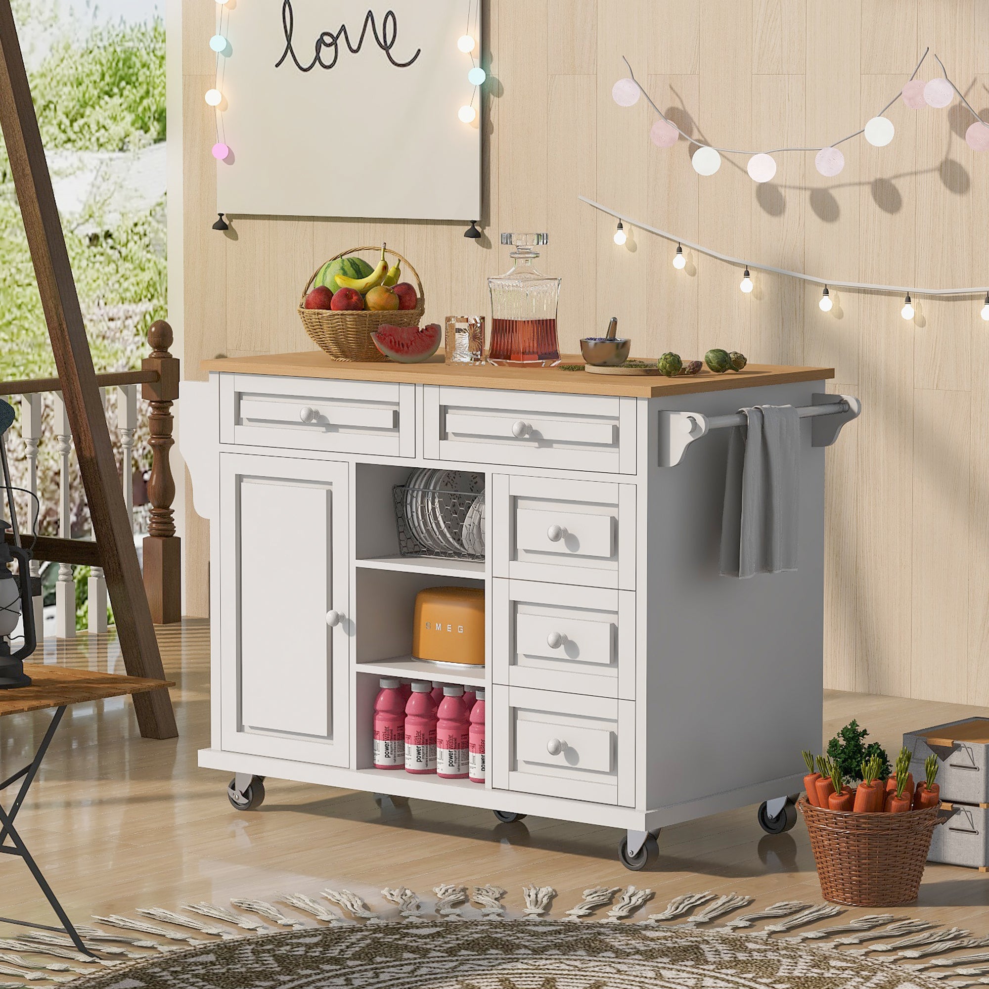 HAOYYE Kitchen cart with Rubber wood desktop rolling mobile kitchen island with storage and 5 draws 53 Inch length(White) Sturdy Space-Saving Heavy Duty Modern Design Adults Dorm Room Easy Assembly