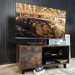 HAOYYE Rustic Brown TV Console with push-to-open Storage Cabinet for TV up to 65in Wood &glass TV Stand for Living Room Bedroom Sturdy Space-Saving Heavy Duty Modern Design Adults Dorm Room